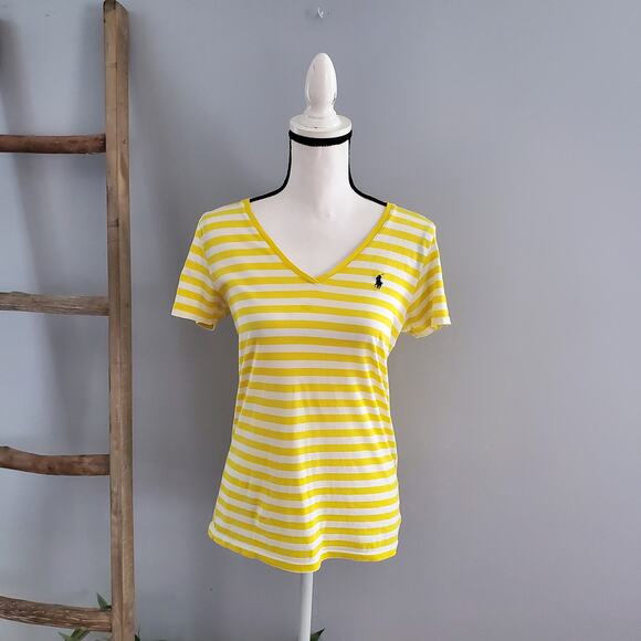 Ralph Lauren Sport V-Neckline Yellow White Striped Short Sleeve Tee Size M - Picture 1 of 7